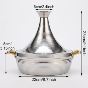 Hgjgwqh 304 Stainless Steel Moroccan Tagine Pot, Non Stick Slow Cooker Seafood Tajine with Gold Handles, Large Moroccan Cooker Handmade Cooking Pot with Cone-Shaped Lid,Silver,8.7″