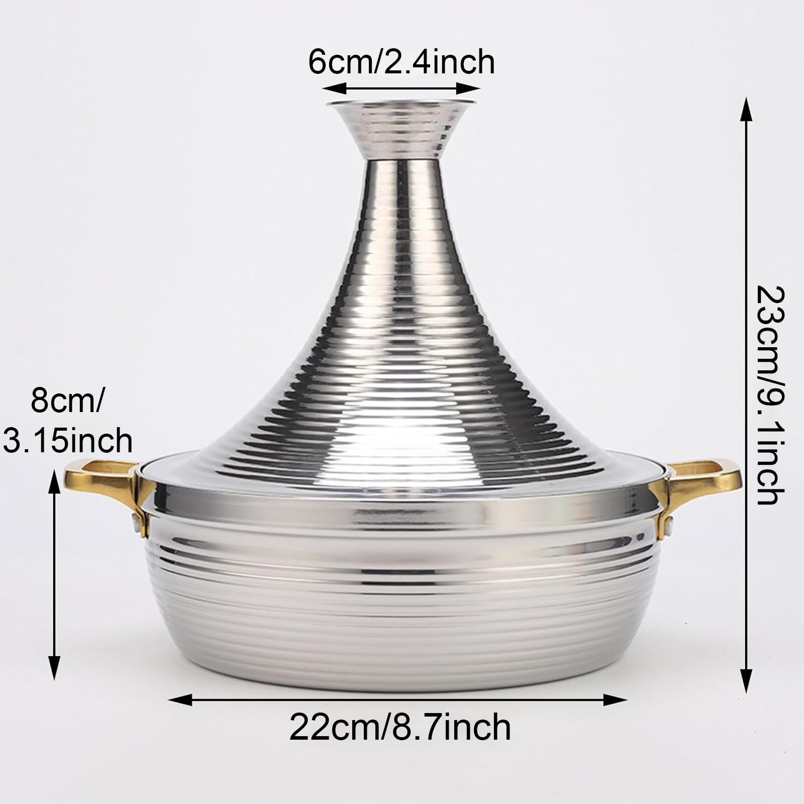 Hgjgwqh 304 Stainless Steel Moroccan Tagine Pot, Non Stick Slow Cooker Seafood Tajine with Gold Handles, Large Moroccan Cooker Handmade Cooking Pot with Cone-Shaped Lid,Silver,8.7″