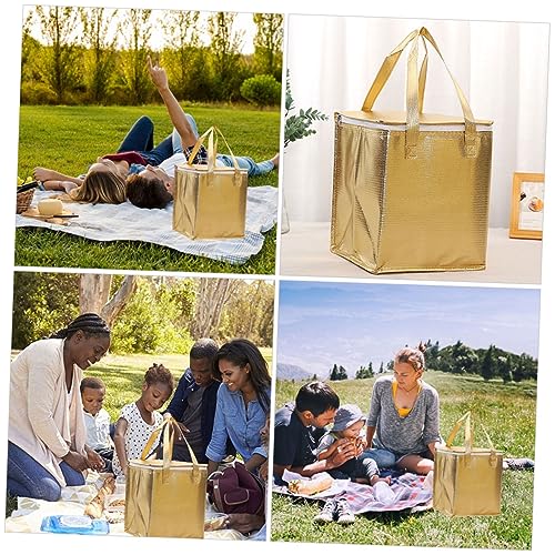 FONDOTIN Large Cooler Bag Insulated Lunch Cooler Bags Insulated Hot Bags Insulated Storage Bag Zipper Food Bag Food Warmer Bag Insulated Reusable Grocery Bags Golden Non-woven Fabric