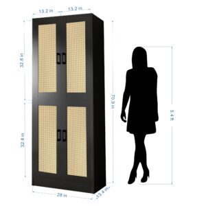 DIYART Black Rattan Kitchen Pantry Cabinet, 71" Tall Kitchen Pantry Storage Cabinet with Doors, Boho Kitchen Pantry Hutch with Storage for Kitchen, Dining Room