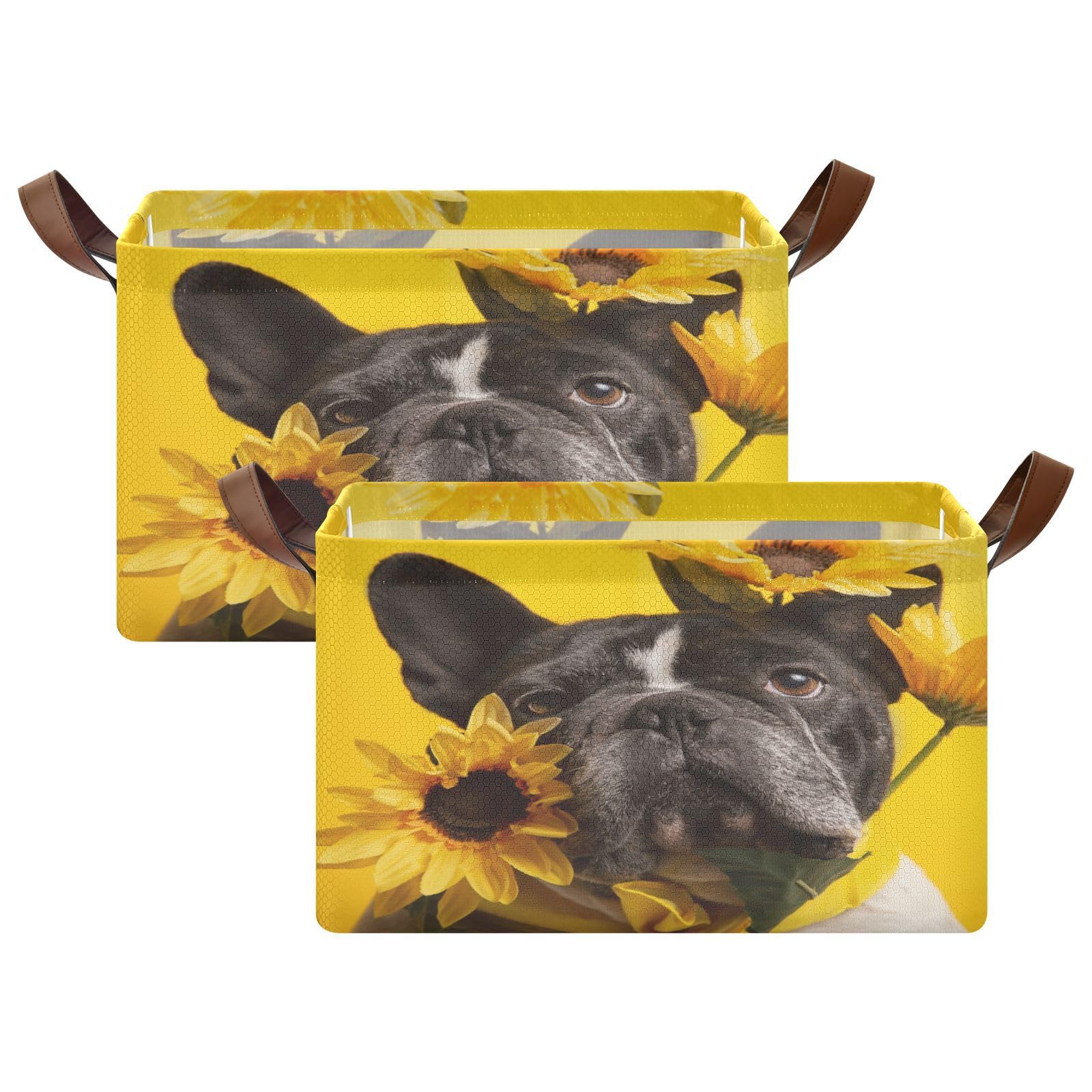 DIGTIA French Bulldog Sunflowers Storage Bins Yellow Summer Collapsible Storage Basket with Handles Storage Box Organizer for Clothes Shelves Closet Cabinet Home Office, 1PC