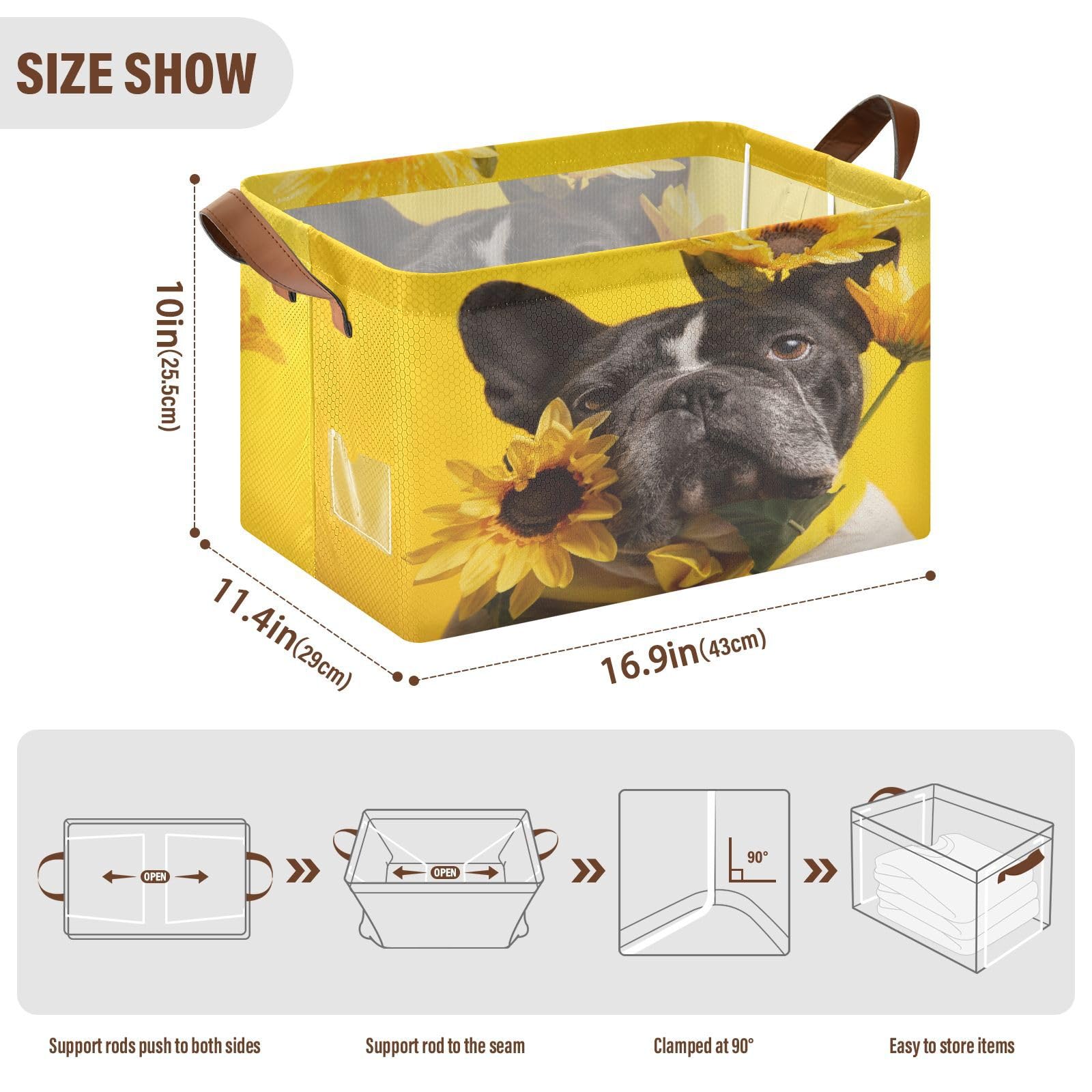 DIGTIA French Bulldog Sunflowers Storage Bins Yellow Summer Collapsible Storage Basket with Handles Storage Box Organizer for Clothes Shelves Closet Cabinet Home Office, 1PC