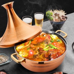 Hgjgwqh 304 Stainless Steel Moroccan Tagine Pot, Non Stick Slow Cooker Seafood Tajine with Gold Handles, Large Moroccan Cooker Handmade Cooking Pot with Cone-Shaped Lid,Silver,8.7″