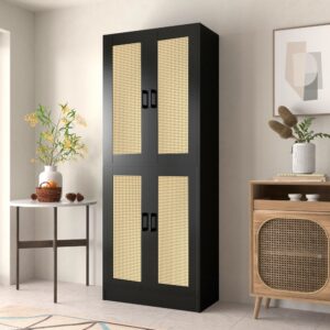 diyart black rattan kitchen pantry cabinet, 71" tall kitchen pantry storage cabinet with doors, boho kitchen pantry hutch with storage for kitchen, dining room