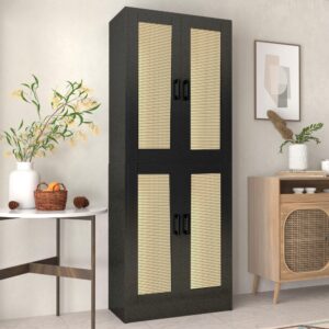 DIYART Black Rattan Kitchen Pantry Cabinet, 71" Tall Kitchen Pantry Storage Cabinet with Doors, Boho Kitchen Pantry Hutch with Storage for Kitchen, Dining Room