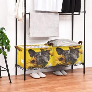 DIGTIA French Bulldog Sunflowers Storage Bins Yellow Summer Collapsible Storage Basket with Handles Storage Box Organizer for Clothes Shelves Closet Cabinet Home Office, 1PC