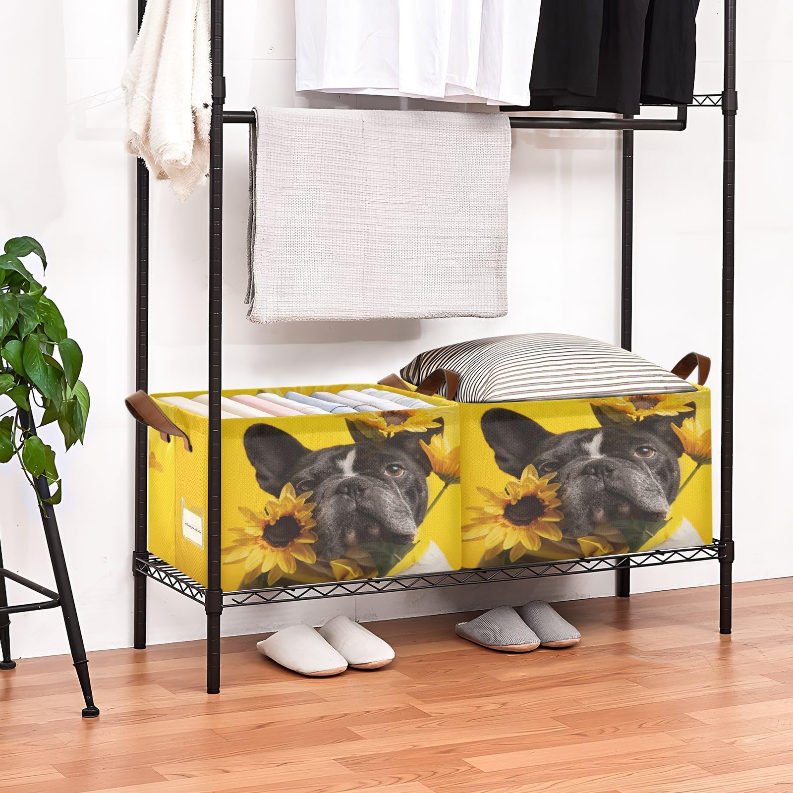 DIGTIA French Bulldog Sunflowers Storage Bins Yellow Summer Collapsible Storage Basket with Handles Storage Box Organizer for Clothes Shelves Closet Cabinet Home Office, 1PC