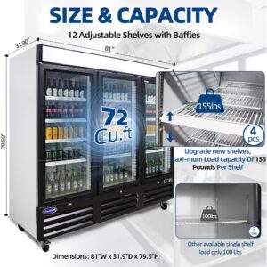 CHUMART 72 Cu. Ft Commercial Refrigerator, 81" Beverage Refrigerator with 3 Glass Door Commercial Merchandiser Refrigerator with LED Light, Display Drink Fridge for Shop, Bar