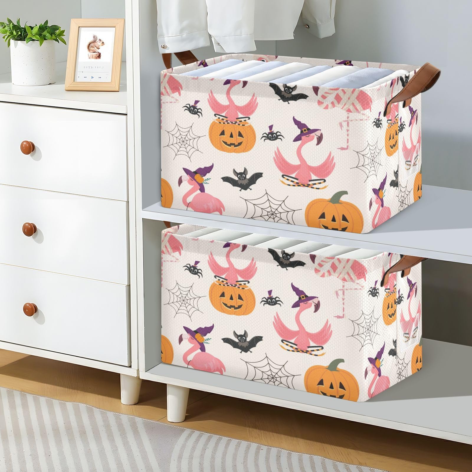 DIGTIA Halloween Flamingo Pumpkin Storage Bins Witch Spider Bat Collapsible Storage Basket with Handles Storage Box Organizer for Clothes Shelves Closet Cabinet Home Office, 1PC