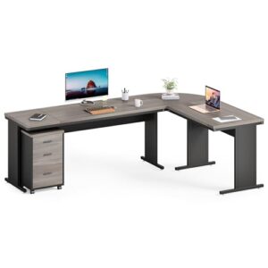 little tree 82.67" long executive desk with drawers, large l-shaped office desk with mobile file cabinet, farmhouse computer office furniture work desk with storage for home office, gray