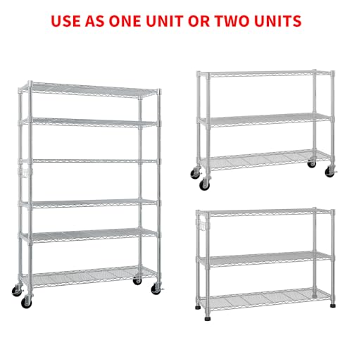 TkeyMylonix 6-Tier disassembly and Free Assembly NSF-Certified Steel Wire Shelving with Wheels for Garage Basement, Silvery