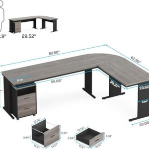 LITTLE TREE 82.67" Long Executive Desk with Drawers, Large L-Shaped Office Desk with Mobile File Cabinet, Farmhouse Computer Office Furniture Work Desk with Storage for Home Office, Gray