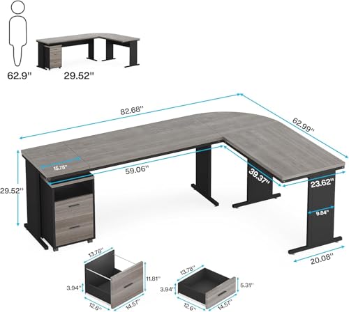 LITTLE TREE 82.67" Long Executive Desk with Drawers, Large L-Shaped Office Desk with Mobile File Cabinet, Farmhouse Computer Office Furniture Work Desk with Storage for Home Office, Gray