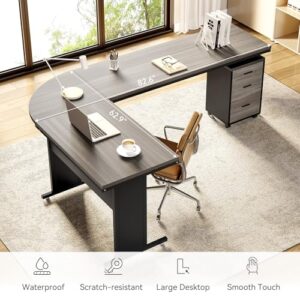 LITTLE TREE 82.67" Long Executive Desk with Drawers, Large L-Shaped Office Desk with Mobile File Cabinet, Farmhouse Computer Office Furniture Work Desk with Storage for Home Office, Gray