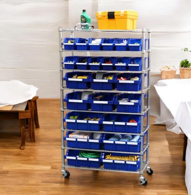 Heavy-Duty Steel Wire Shelving Storage Unit, 24-bin Rack with Wheels (Blue)