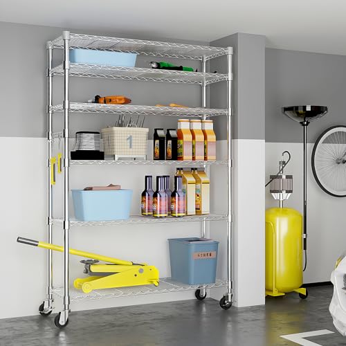 TkeyMylonix 6-Tier disassembly and Free Assembly NSF-Certified Steel Wire Shelving with Wheels for Garage Basement, Silvery