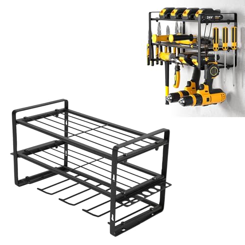 evhooe Drill Organizer Black Drill Holder 150lb Weight Capacity Wall Mounted Tool Rack with Full Accessories for Garage Workshop