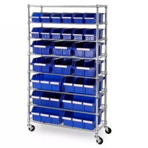 Heavy-Duty Steel Wire Shelving Storage Unit, 24-bin Rack with Wheels (Blue)