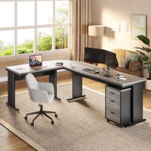 LITTLE TREE 82.67" Long Executive Desk with Drawers, Large L-Shaped Office Desk with Mobile File Cabinet, Farmhouse Computer Office Furniture Work Desk with Storage for Home Office, Gray