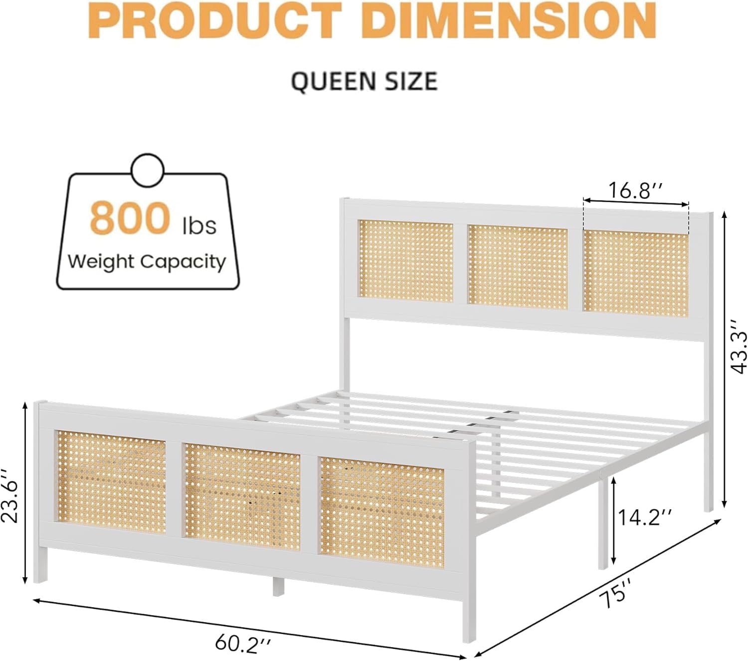 GarveeHome Queen Size Rattan Bed Frame with Headboard, White Boho Cane Platform Bed Frame with Strong Metal Slat, Noise Free, No Box Spring Needed