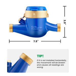 Watflow 3/4"NPT and 1/2" NPT Couplings Water Meter, Measuring in Cubic Meter, Cold Water Meter for Garden or Home.