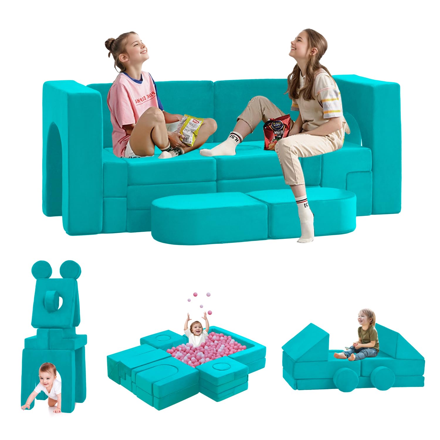 Domiqut 22Pcs Modular Kids Play Couch, Floor Sofa for Children, 1000+DIY Creativing Playroom Furniture for Toddlers， Convertible Foam and Floor Cushion for Boys and Girls, Blue