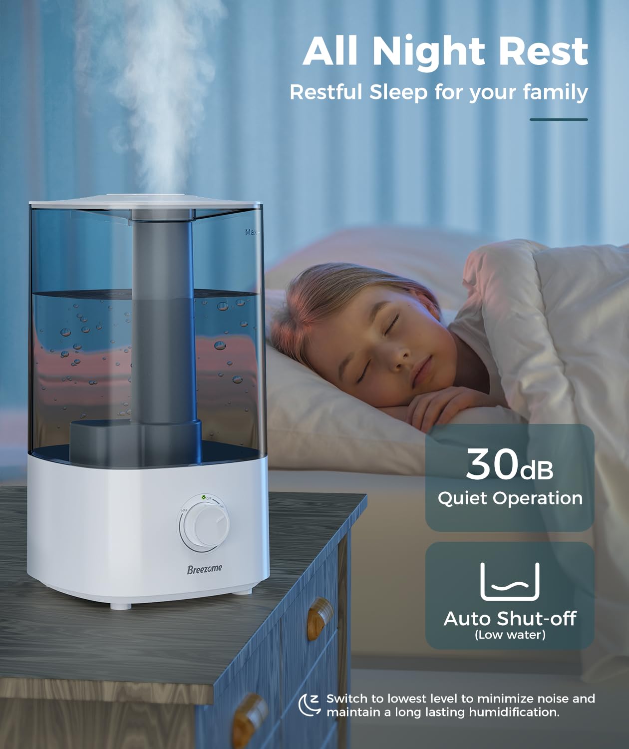 BREEZOME 4L Humidifiers for Bedroom, Ultrasonic Top Fill Cool Mist Humidifiers for Large Room, Last Up to 50 Hours, Humidifiers for Baby, Plants, Nursery