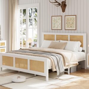 GarveeHome Queen Size Rattan Bed Frame with Headboard, White Boho Cane Platform Bed Frame with Strong Metal Slat, Noise Free, No Box Spring Needed