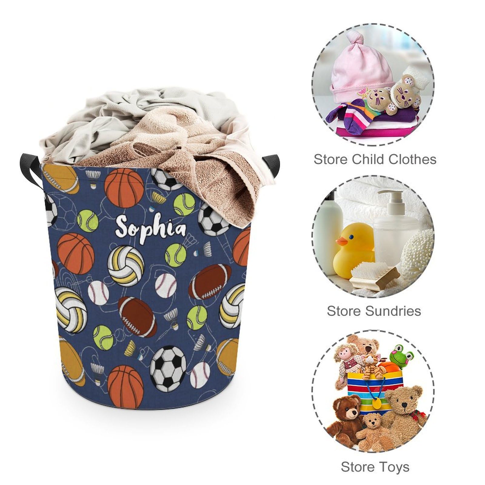 Personalized Sport Basketball Laundry Baskets With Handles Customize Baby Name Laundry Hamper For Kids Boys Girls Adults, Dirty Clothes Storage Basket For Bedroom Bathroom