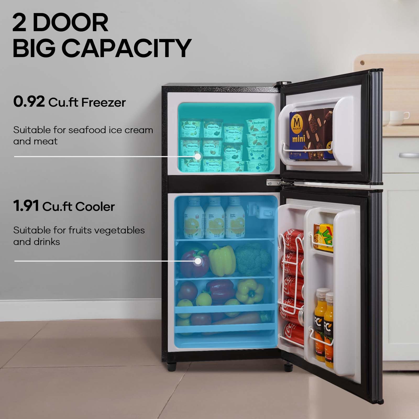 BODIOO Mini Fridge with Freezer 2.83 Cu.Ft, 2 Door Small Refrigerator, 7 Settings Temperature Adjustable, Low Noise, Energy Saving, Mini Refrigerator for Bedroom, Office, Kitchen, Dorm, Apartment