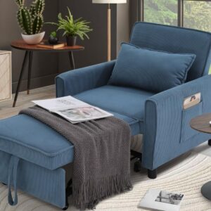 SEJOV Convertible Sofa Bed, 3 in 1 Couch Pull-Out Bed, Loveseat Sleeper Sofa Bed with 3 Adjustable Backrest, Recliner with Throw Pillow, Small Space for Living Room, Apartment, Bedroom, Blue