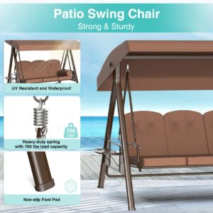 ZENPETIO 3-Seat Outdoor Patio Swing Chair, Adjustable Canopy Porch Swings, Deluxe Outdoor Swing with Weather Resistant Steel Frame, Thickened Cushions, Pillows & Cup Holders for Backyard, Porch