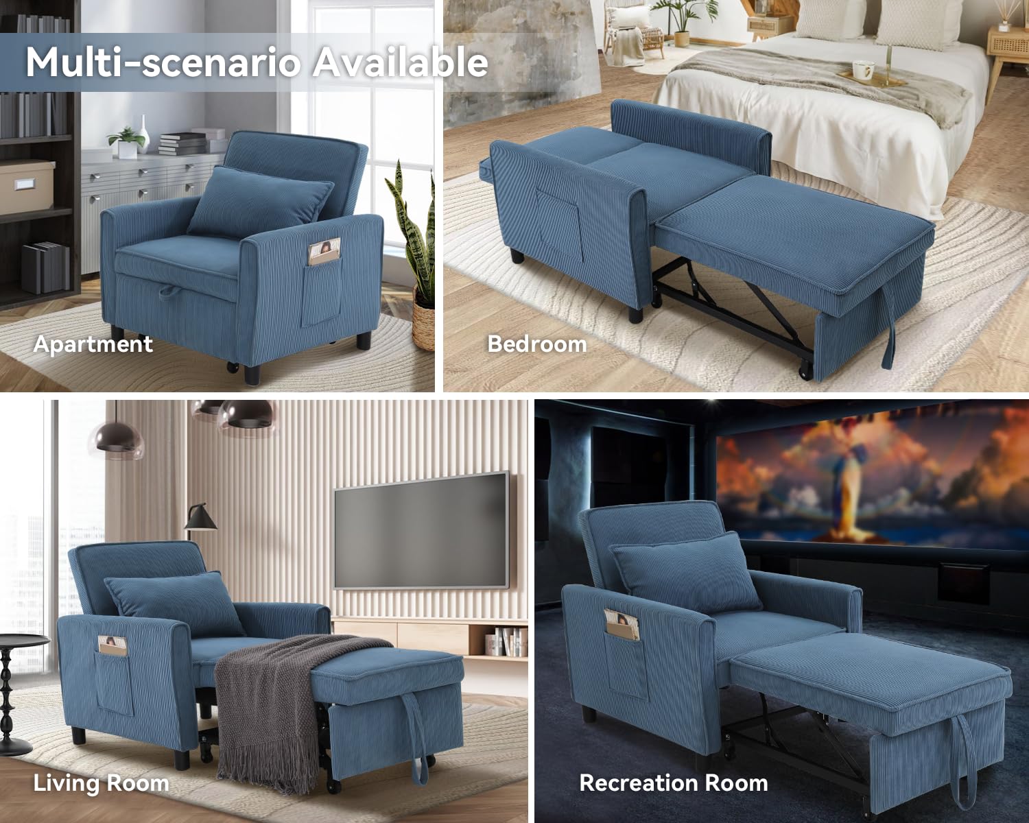 SEJOV Convertible Sofa Bed, 3 in 1 Couch Pull-Out Bed, Loveseat Sleeper Sofa Bed with 3 Adjustable Backrest, Recliner with Throw Pillow, Small Space for Living Room, Apartment, Bedroom, Blue