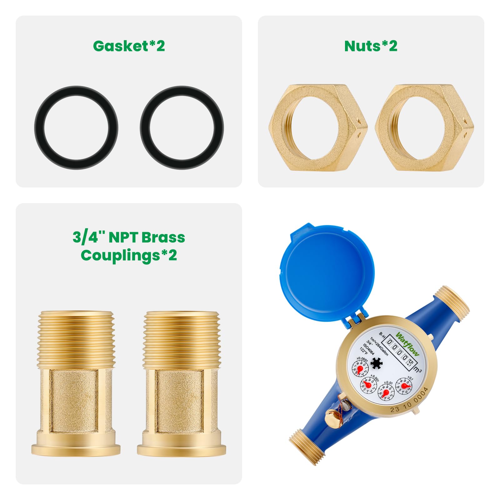 Watflow 3/4"NPT and 1/2" NPT Couplings Water Meter, Measuring in Cubic Meter, Cold Water Meter for Garden or Home.