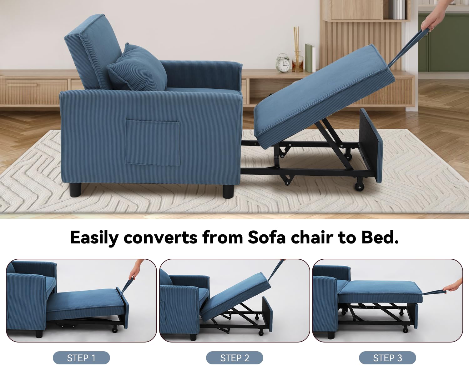 SEJOV Convertible Sofa Bed, 3 in 1 Couch Pull-Out Bed, Loveseat Sleeper Sofa Bed with 3 Adjustable Backrest, Recliner with Throw Pillow, Small Space for Living Room, Apartment, Bedroom, Blue