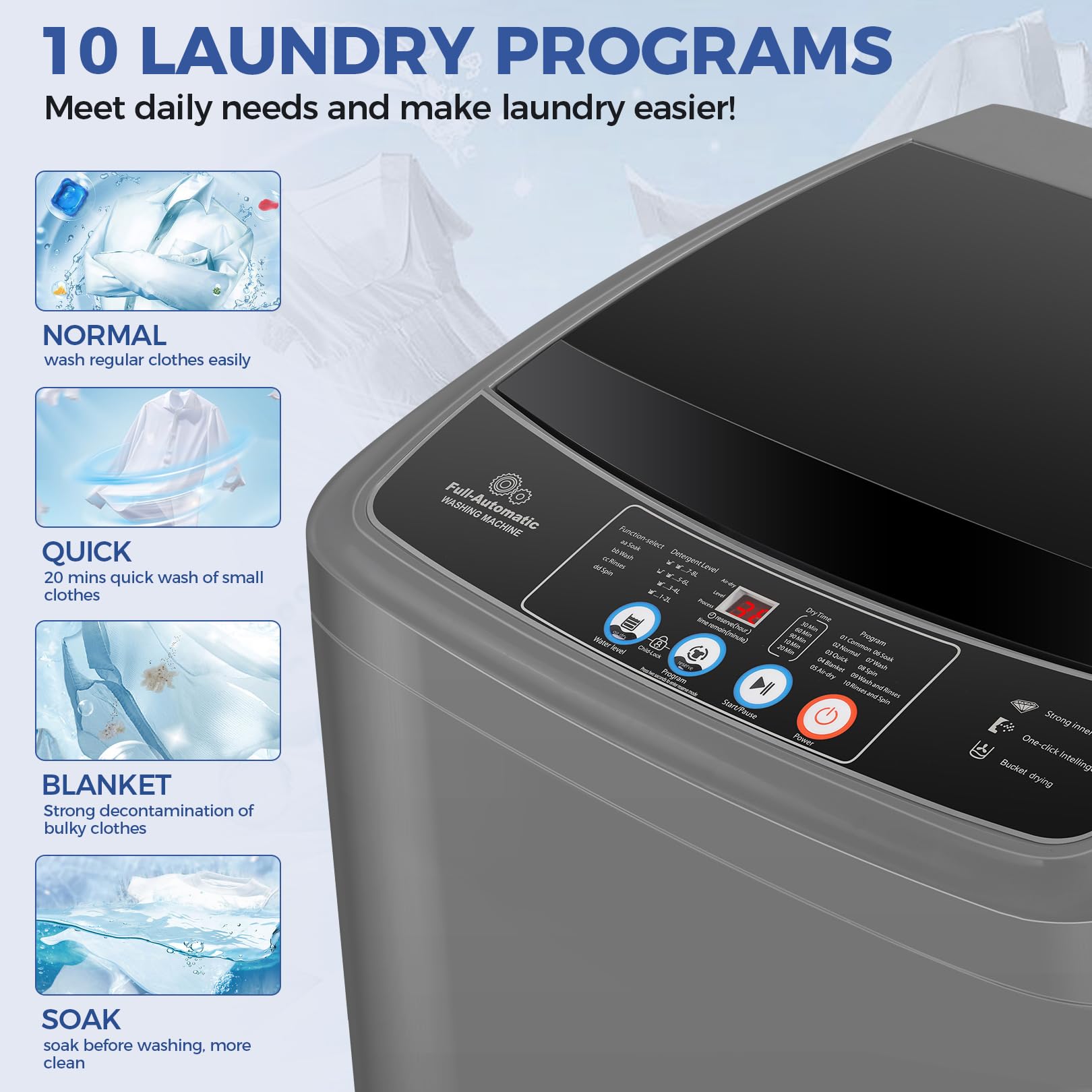 Nictemaw Portable Washing Machine 17.8Lbs Large Capacity Portable Washer Machine with 10 Programs and 8 Water Levels Selections, 2.4 Cu.ft Small Washing Machine for Apartment, Home, Dorms, Rv