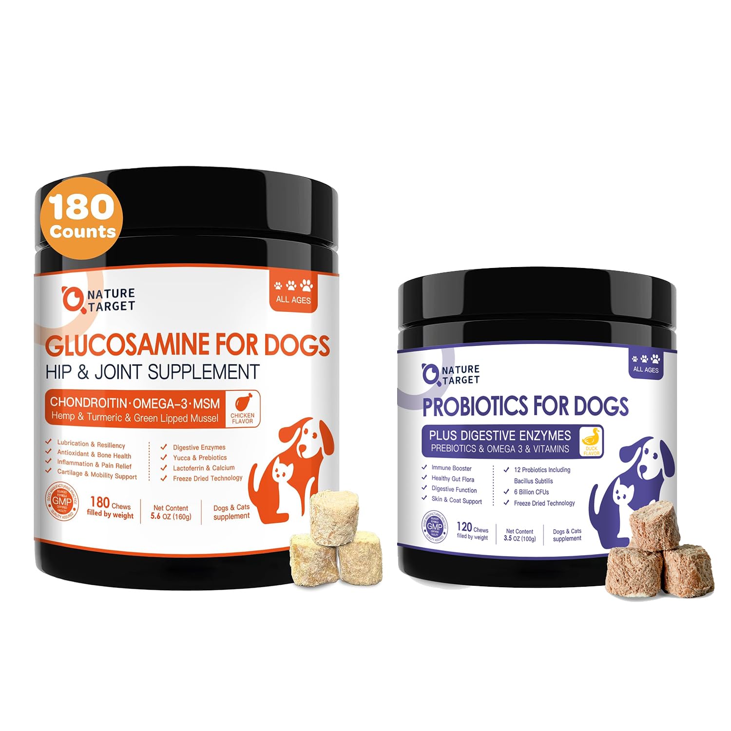 NATURE TARGET Glucosamine and Probiotics for Dogs, Chicken-Flavored Joint Supplement for Dogs, Duck-Flavored Dog Probiotics