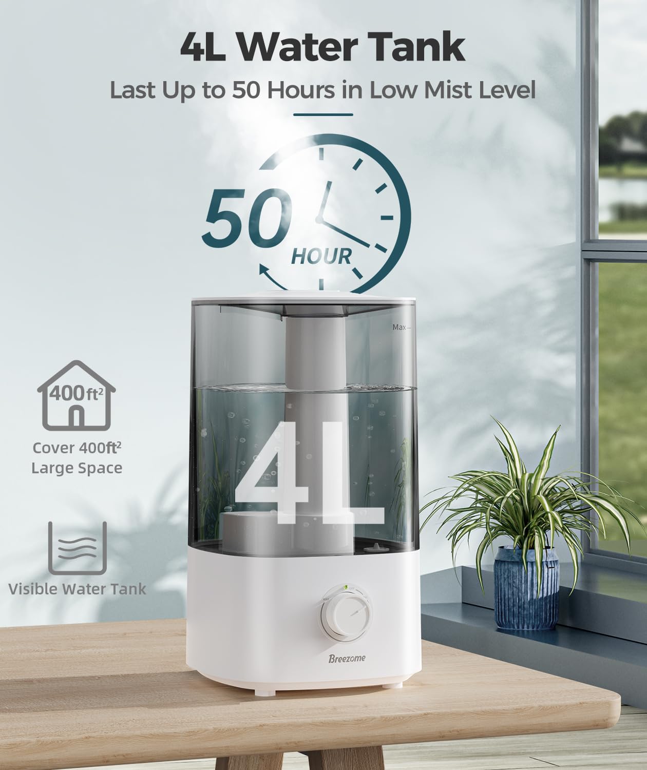 BREEZOME 4L Humidifiers for Bedroom, Ultrasonic Top Fill Cool Mist Humidifiers for Large Room, Last Up to 50 Hours, Humidifiers for Baby, Plants, Nursery