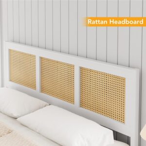 GarveeHome Queen Size Rattan Bed Frame with Headboard, White Boho Cane Platform Bed Frame with Strong Metal Slat, Noise Free, No Box Spring Needed