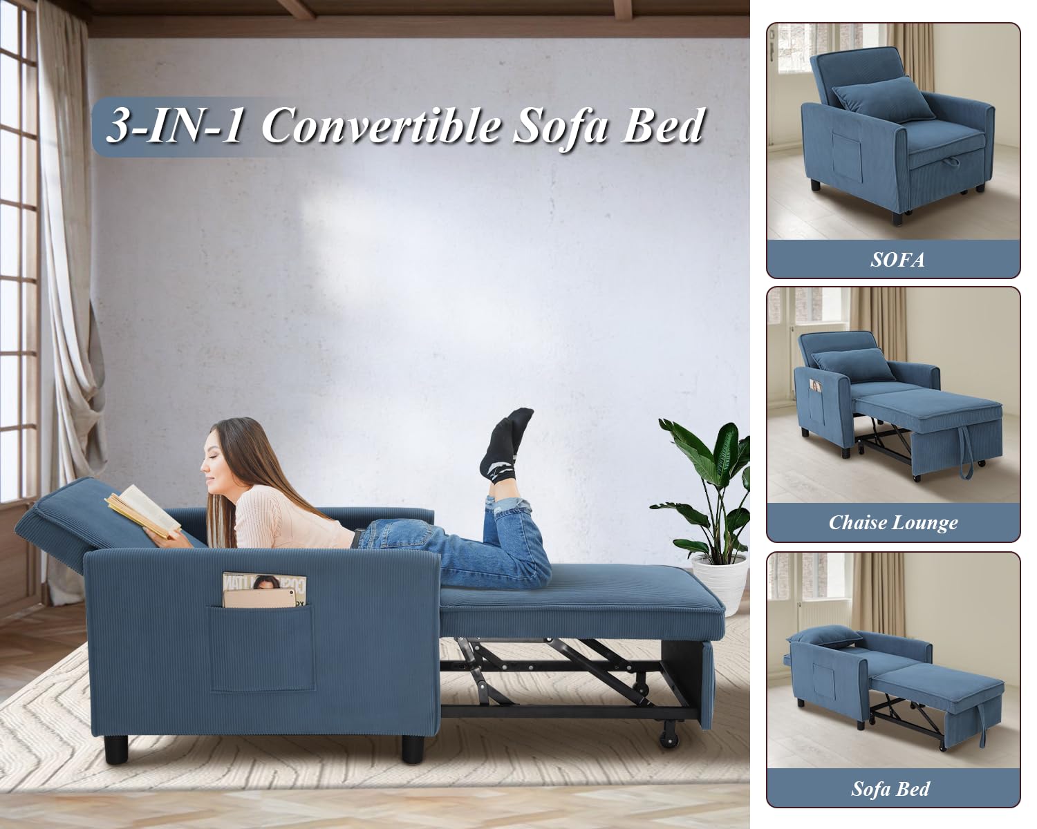 SEJOV Convertible Sofa Bed, 3 in 1 Couch Pull-Out Bed, Loveseat Sleeper Sofa Bed with 3 Adjustable Backrest, Recliner with Throw Pillow, Small Space for Living Room, Apartment, Bedroom, Blue