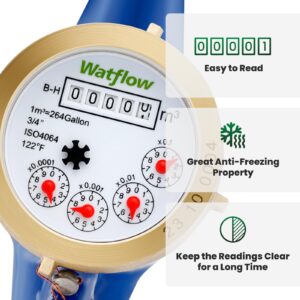 Watflow 3/4"NPT and 1/2" NPT Couplings Water Meter, Measuring in Cubic Meter, Cold Water Meter for Garden or Home.