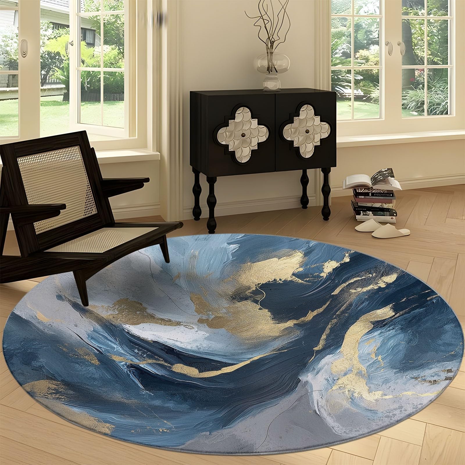 Washable Round Rugs 2' x 2' Round Area Rug, Abstract Painting Fluid Art Non Slip Circle Rugs Low-Pile Floor Carpet, Abstract Twirl Printed Doormat Soft Area Rug for Living Room Dinning Room Bedroom