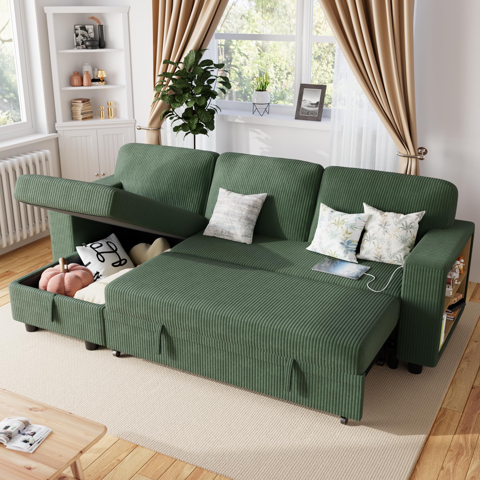 Furmax 80″ Sleeper Sofa Couch with Pull Out Bed L Shaped Sleeper Sofa with Storage Chaise, USB Charging Ports & 2 Built-in Bookshelves 3-Seat Sectional couches for Living Room (Corduroy, Green)