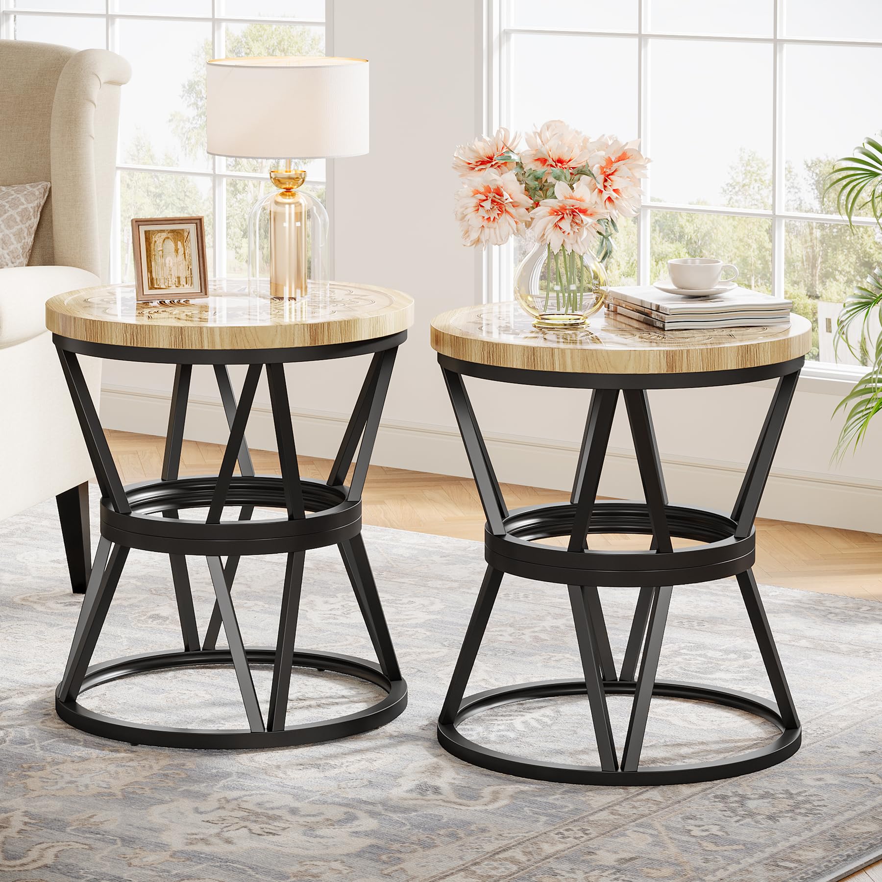 Tribesigns Side Table Set of 2, Round Carved End Table for Living Room, Bedroom, Small Side Table with Metal Frame, Accent Coffee Table, Nightstand with Acrylic Tabletop