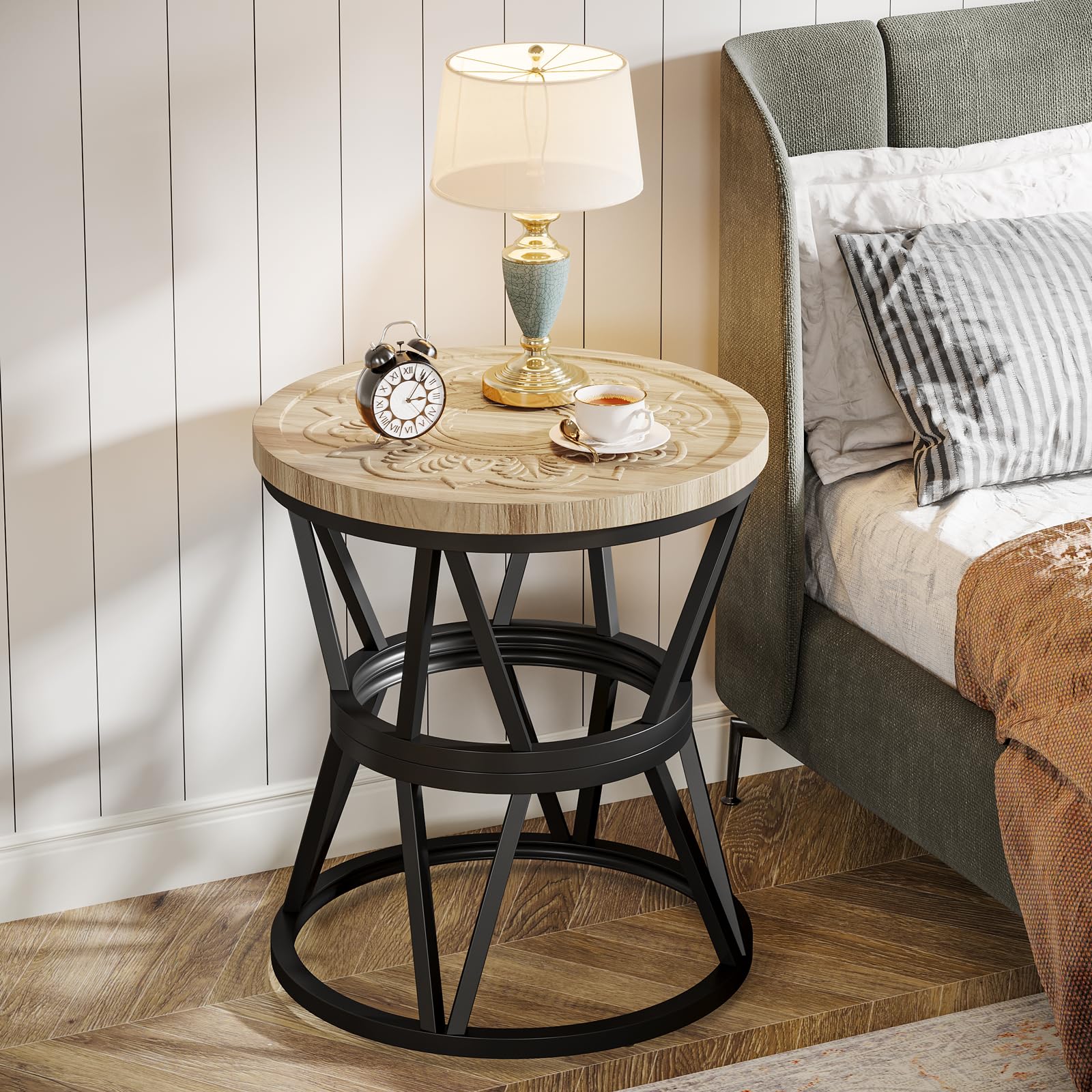 Tribesigns Side Table Set of 2, Round Carved End Table for Living Room, Bedroom, Small Side Table with Metal Frame, Accent Coffee Table, Nightstand with Acrylic Tabletop