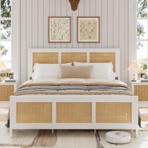 garveehome queen size rattan bed frame with headboard, white boho cane platform bed frame with strong metal slat, noise free, no box spring needed