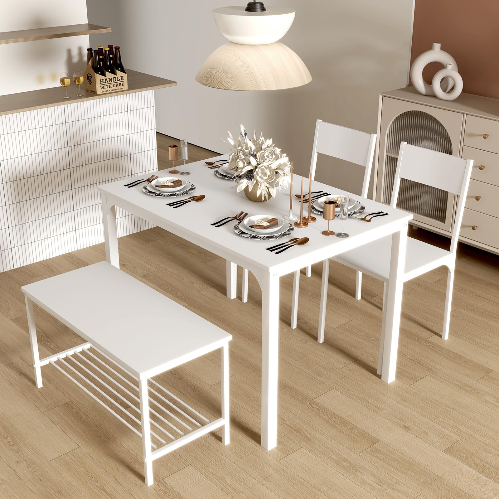 sogesfurniture 4-Piece Bench Style Dining Table Set, 4-Person Space-Saving Dinette for Kitchen，43'' Wood Kitchen Table & Chair Set for Breakfast Nook and Small Space, White