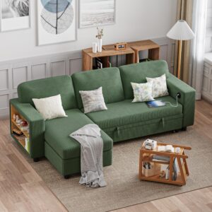 furmax 80″ sleeper sofa couch with pull out bed l shaped sleeper sofa with storage chaise, usb charging ports & 2 built-in bookshelves 3-seat sectional couches for living room (corduroy, green)