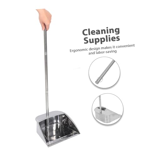 Zerodeko Stainless Steel Trash Shovel Lobby Dustpan Outdoor Dustpan Long Handle Dust Pan Handled Cleaning Dust Pan Indoor Broom and Dust Pans Litter Shovel Industrial Dust Pan Silver