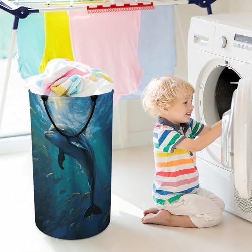 Laundry Basket Hamper Waterproof Dirty Clothes Hamper Dolphin in The Deep Ocean Collapsible Washing Bin Clothes Bag with Handles Freestanding Laundry Hamper for Bathroom Bedroom Dorm Travel